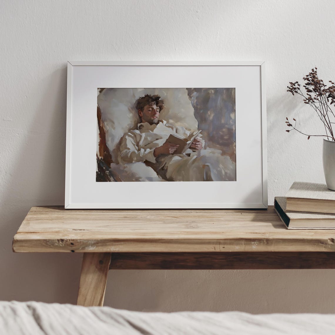 Man Reading Book In Bed Soft Neutral Tones Cozy Painting Poster - Image 4