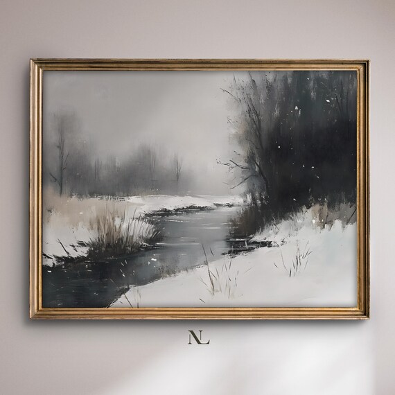 Winter Stream Through Snowy Banks Black And White Nature Poster