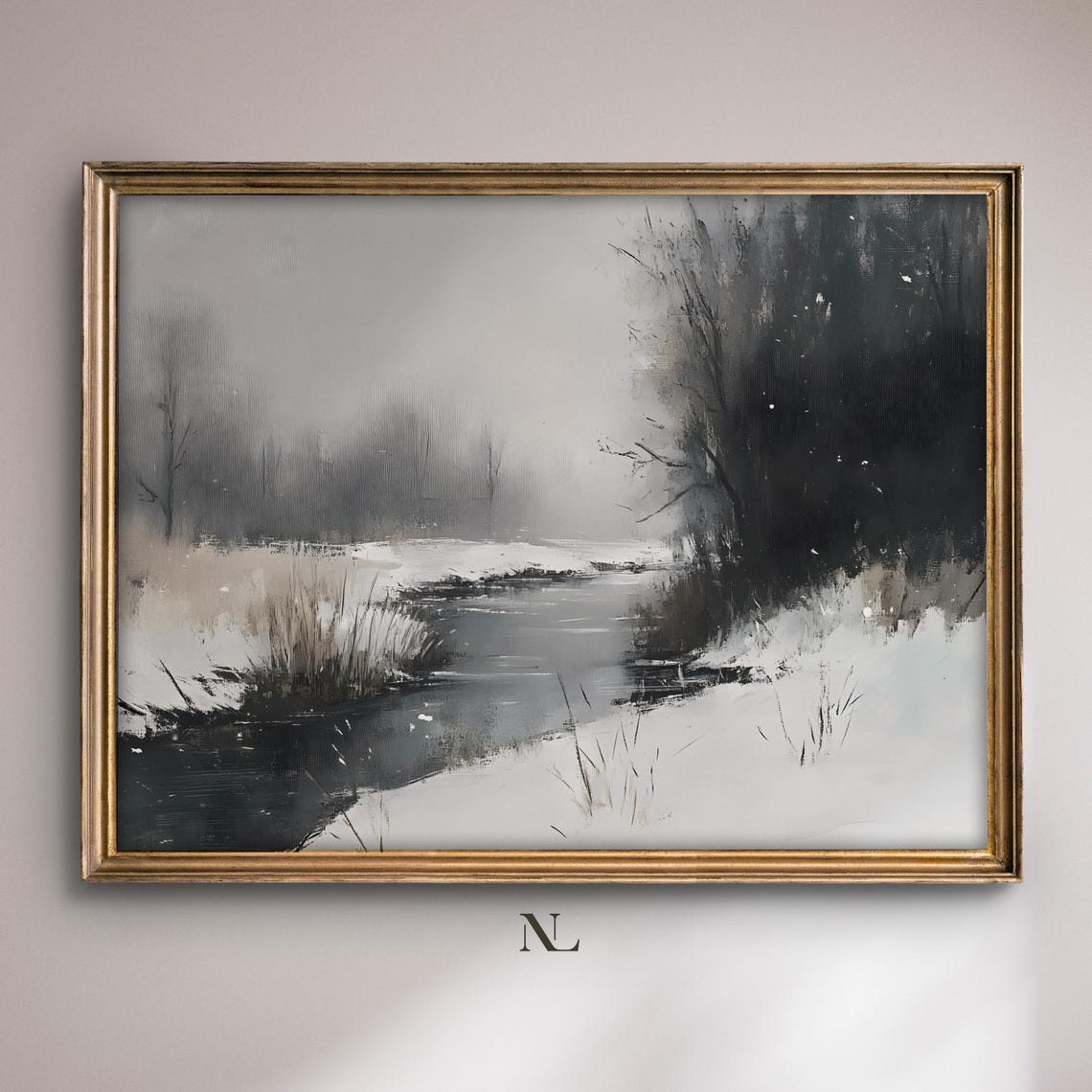 Winter Stream Through Snowy Banks Black And White Nature Poster