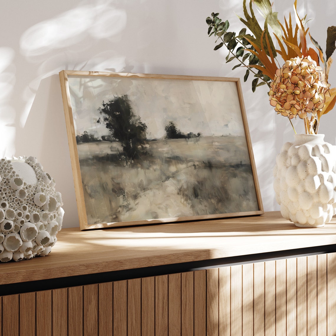 Minimalist Neutral Landscape Lone Tree Misty Field Artwork Poster - Image 4