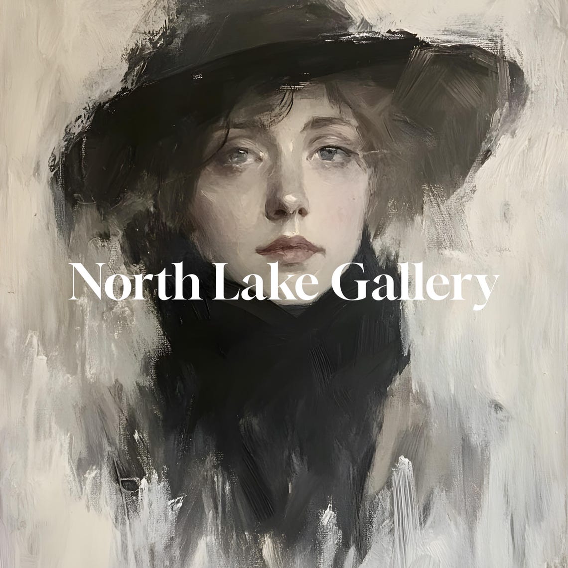 Woman In Black Hat Moody Monochrome Impressionist Portrait Poster - Image 3