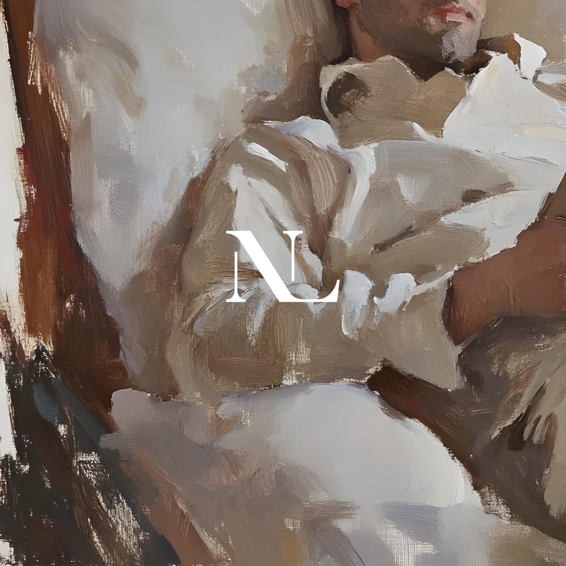 Man Reading Book In Bed Soft Neutral Tones Cozy Painting Poster - Image 5