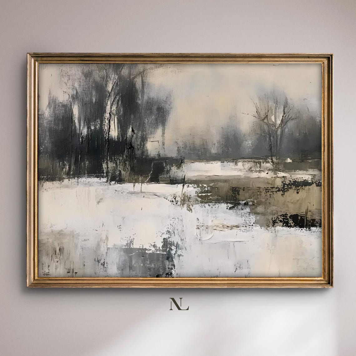 Abstract Snowy Field Dark Trees Muted Monochrome Winter Poster