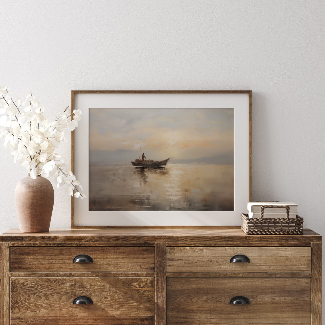 Fisherman In Small Boat On Calm Misty Sea Sunset Glow Poster - Image 2