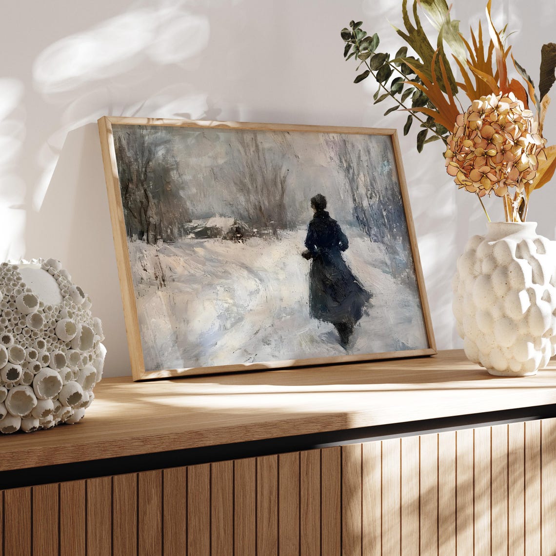 Woman Walking Snowy Path In Winter Coat Moody Rustic Landscape Poster - Image 2