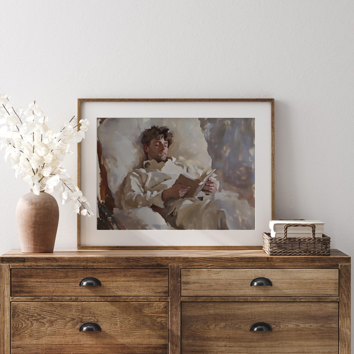 Man Reading Book In Bed Soft Neutral Tones Cozy Painting Poster - Image 3