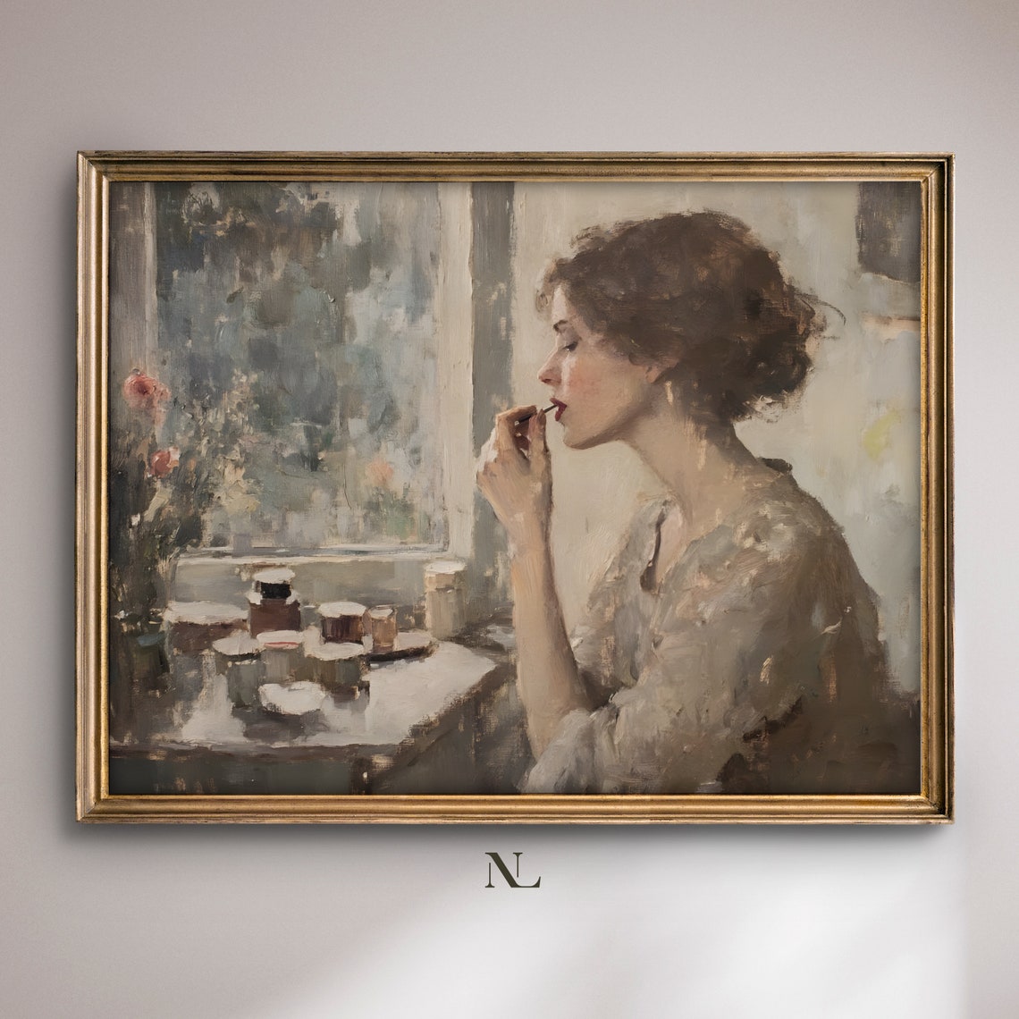 Woman Applying Lipstick Vintage Vanity Impressionist Painting Poster