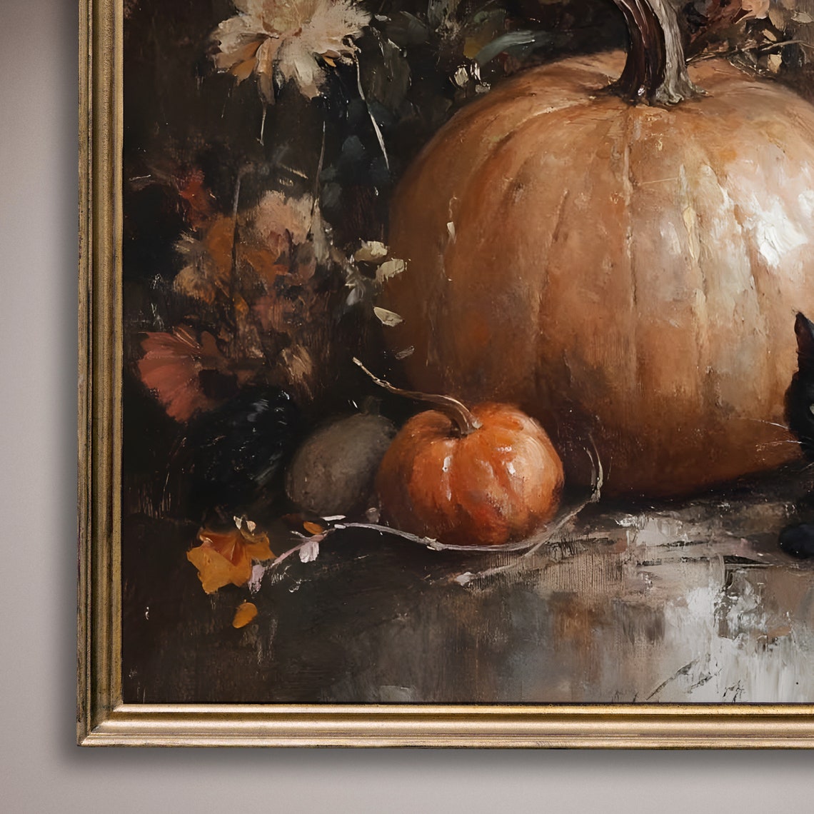 Black Cat With Pumpkins And Autumn Flowers Fall Still Life Poster - Image 8
