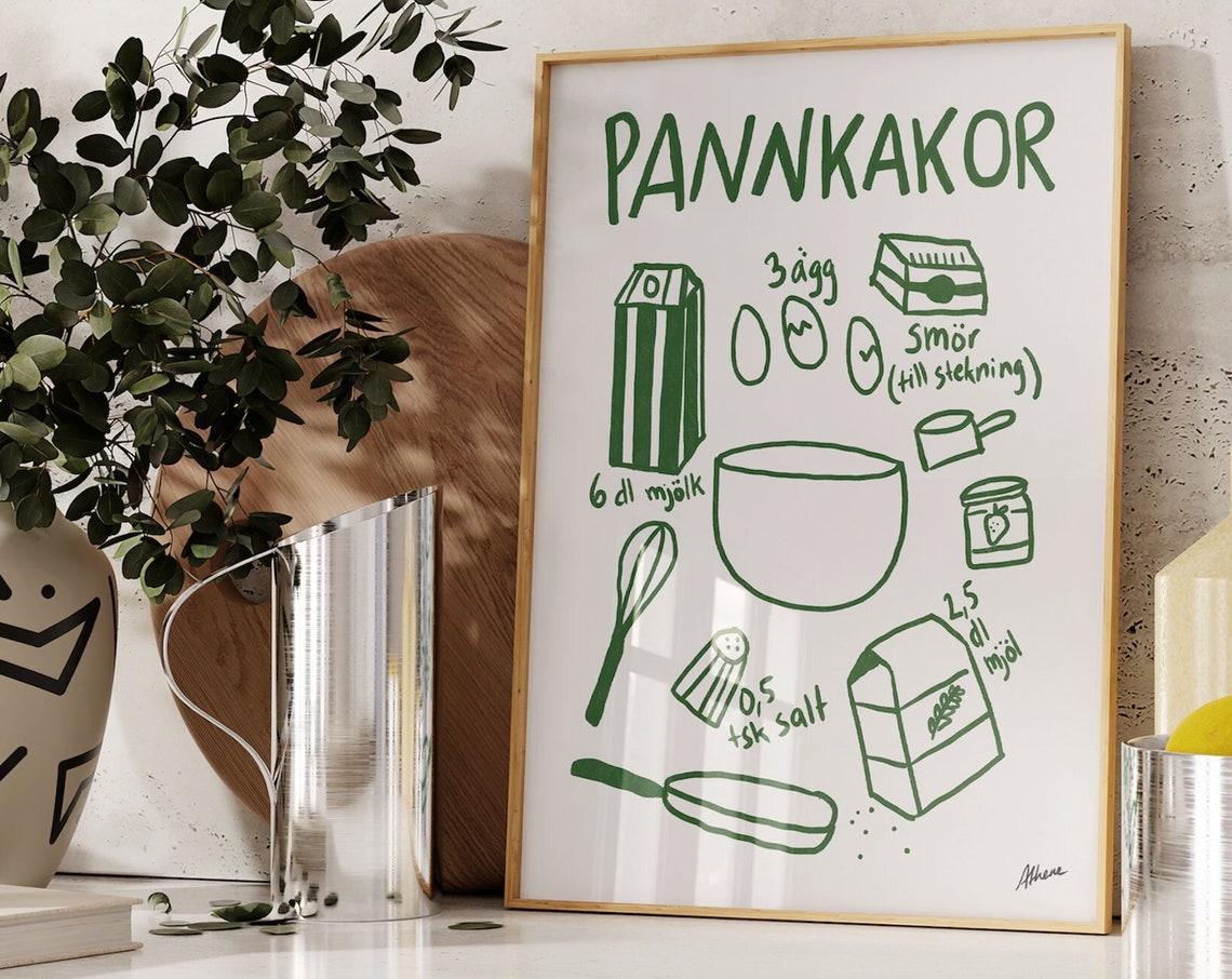 Pannkakor Swedish Pancake Recipe Scandi Green Line Art Poster