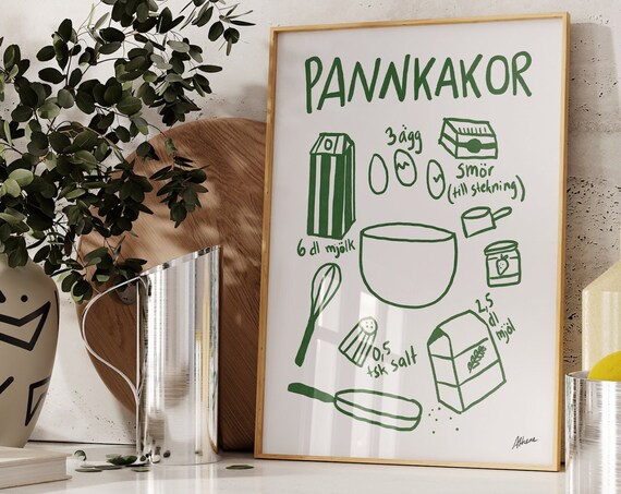 Pannkakor Swedish Pancakes Print Kitchen Art Scandi Style Poster Illustrations Food Prints Mid Century Simple Ar
