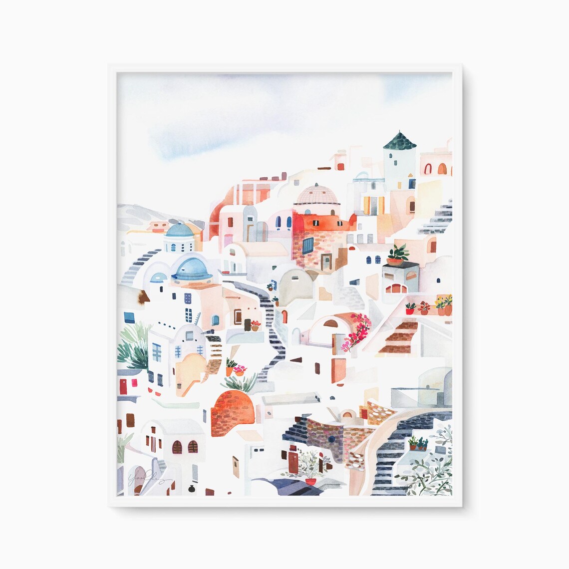 Oia Santorini Greece Whitewashed Village Watercolor Travel Poster
