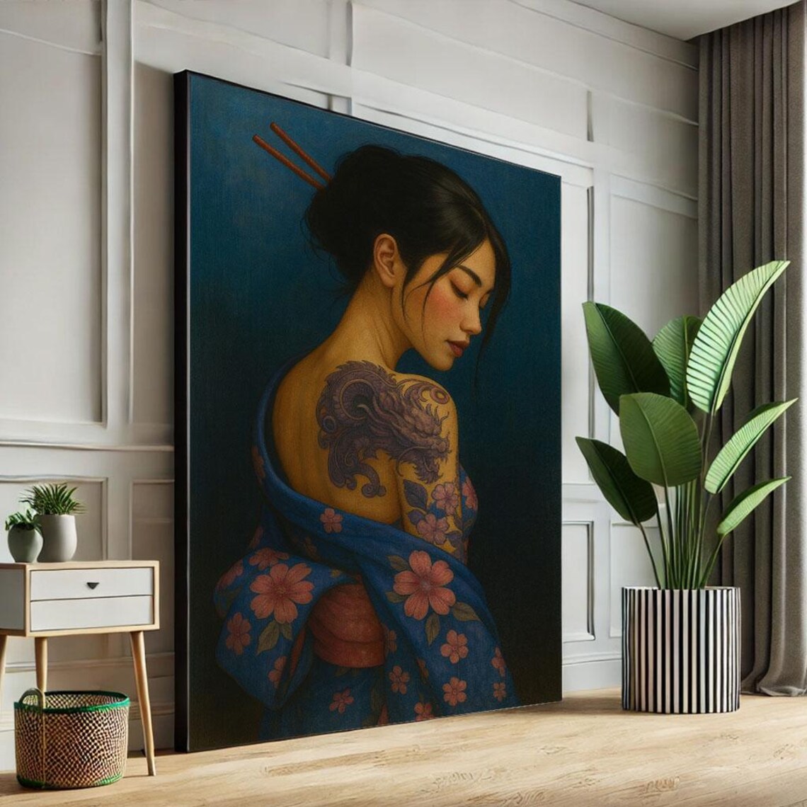 Elegant Japanese Woman Dragon Tattoo Floral Blue Kimono Poster
