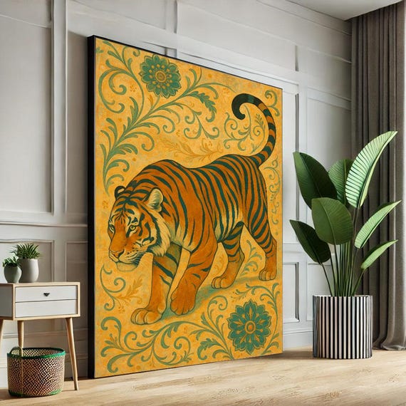 Vibrant Tiger With Floral Accents Canvas Wall Art Print Orange And Green Living Room Decor Statement Piece