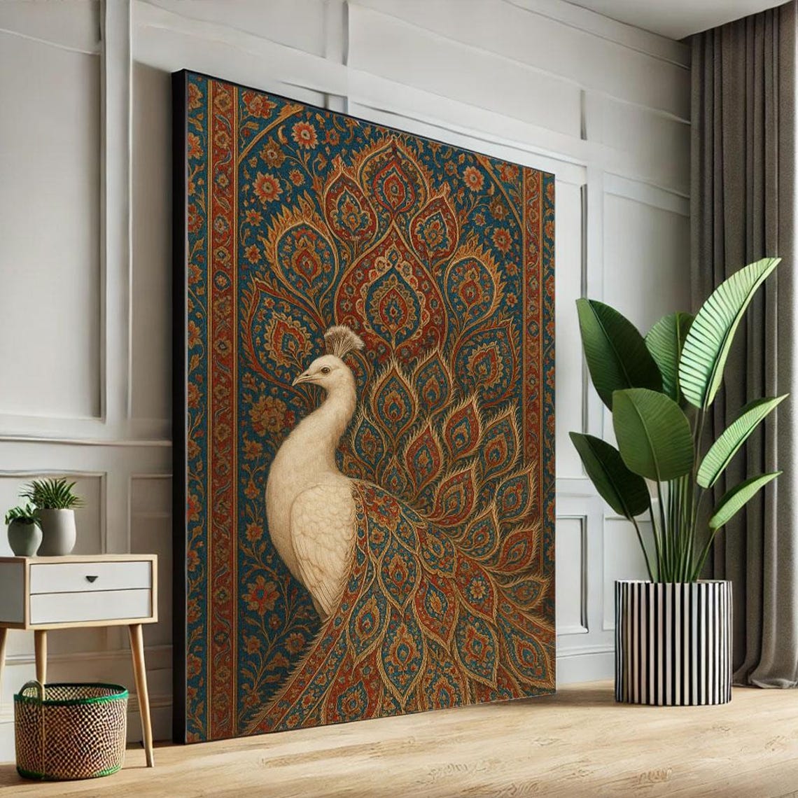 Elegant White Peacock Persian Rug Pattern Ornamental Art Poster