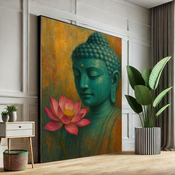 Teal Buddha Face Pink Lotus Golden Glow Zen Meditation Wall Poster