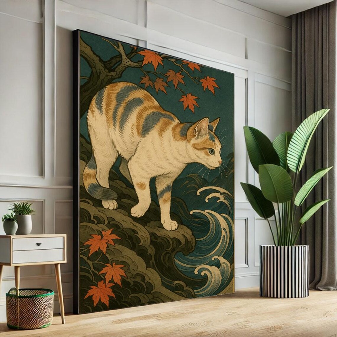Majestic Cat on Coastal Rock Japanese Woodblock Wave Art Poster