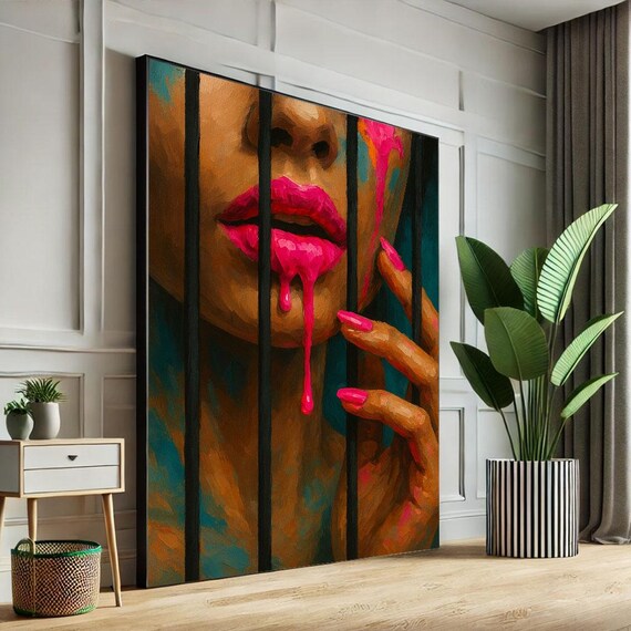 Modern Woman With Dripping Pink Lips Behind Black Bars Abstract Poster