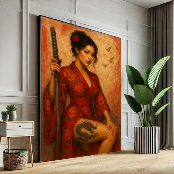 Elegant Samurai Woman Red Kimono Katana Warm Sunset Art Poster