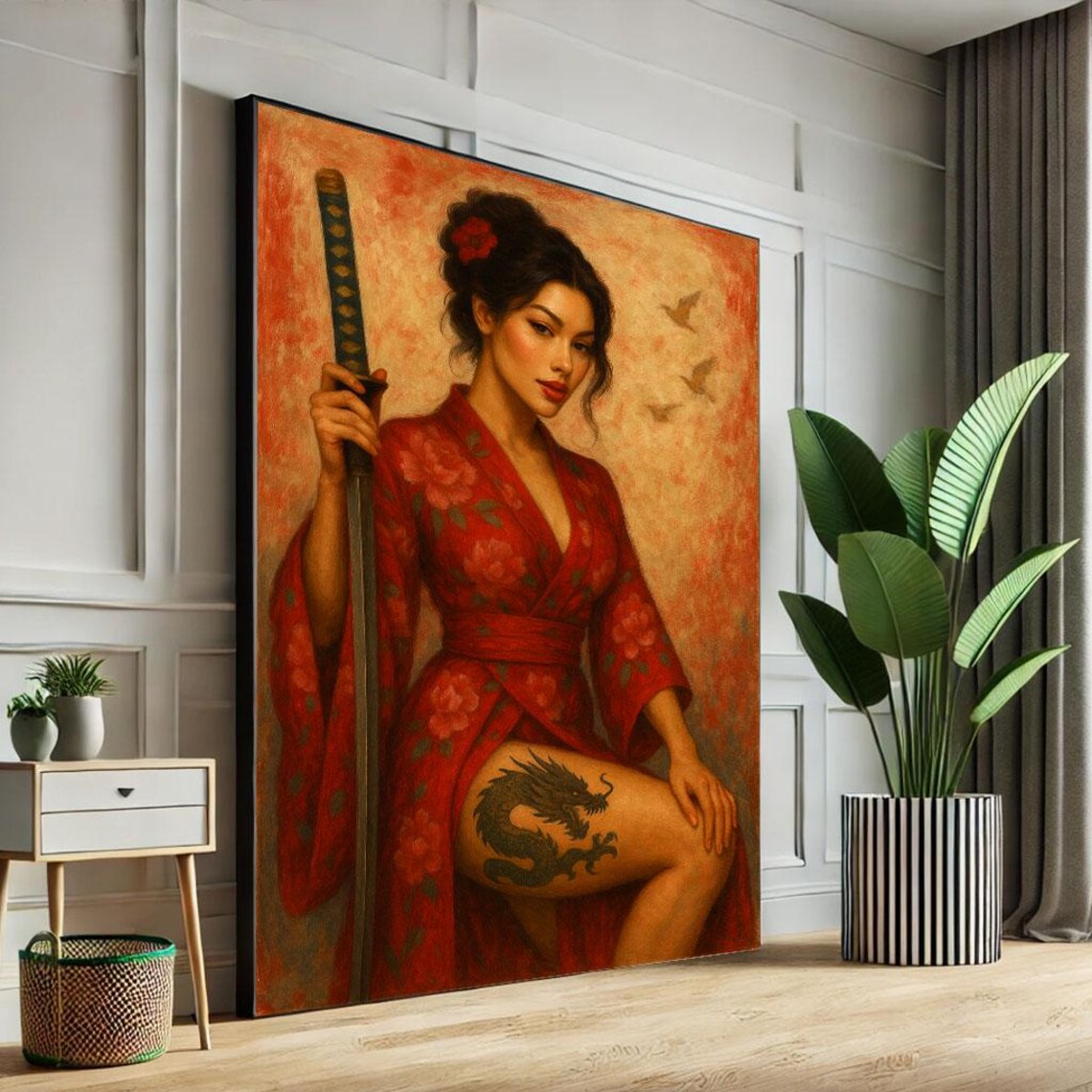 Elegant Samurai Woman Red Kimono Katana Warm Sunset Art Poster