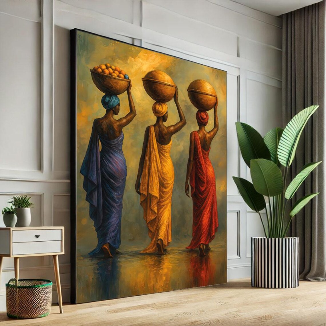 Three African Women Carrying Bowls Colorful Robes Art Poster