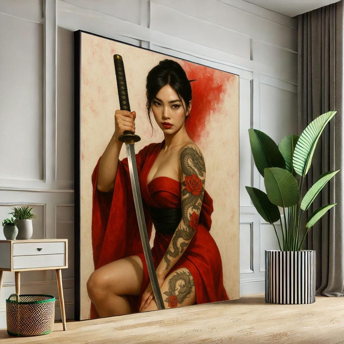 Tattooed Samurai Woman In Red Kimono With Katana And Dragon Ink Poster