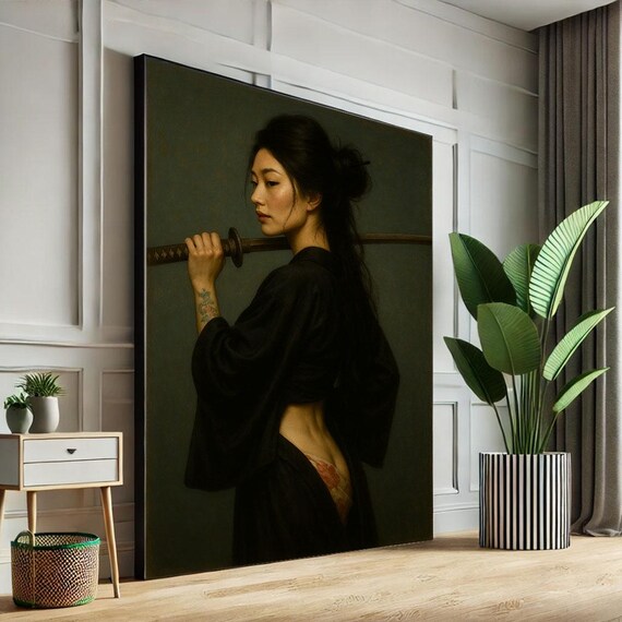 Samurai Woman In Black Kimono Holding Katana Over Shoulder Poster