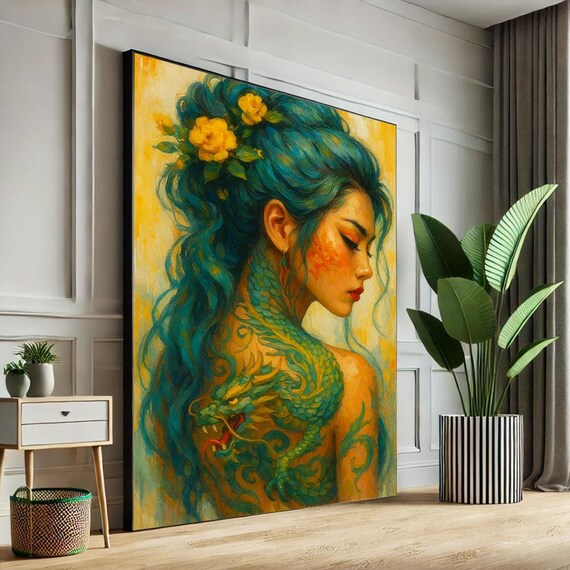 Majestic Dragon Woman Portrait Canvas Wall Art Print Vibrant Bedroom Decor Statement Piece