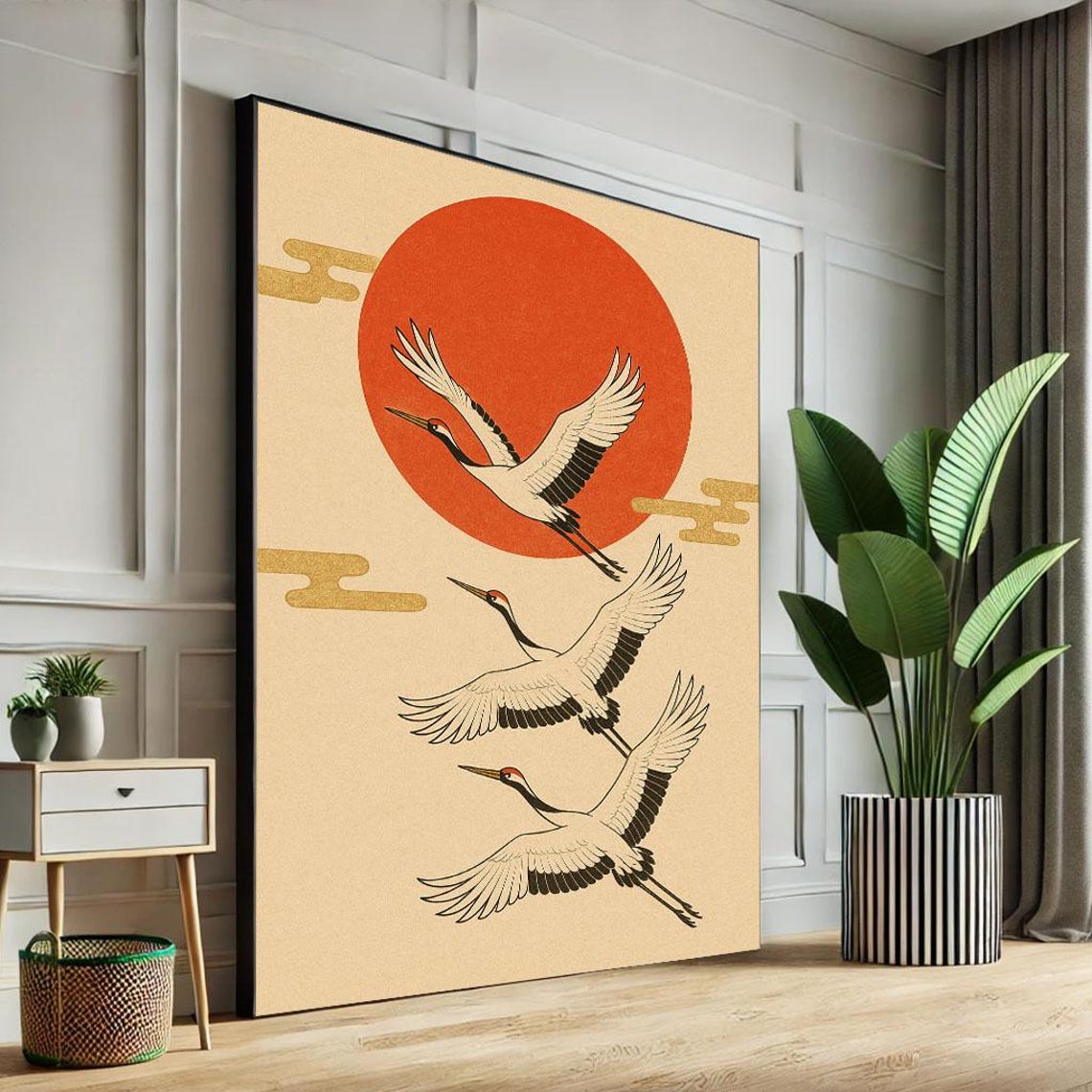 Three Cranes Flying Across Red Sun Golden Clouds Minimal Poster
