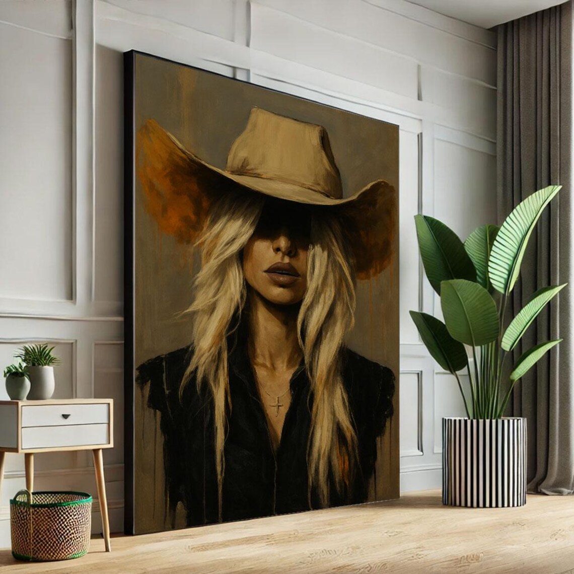 Blonde Cowgirl Western Portrait Rustic Brown Oil Painting Poster