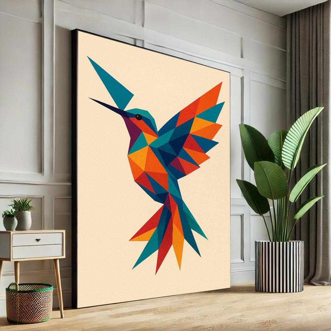 Geometric Hummingbird Low Poly Colorful Minimalist Bird Poster