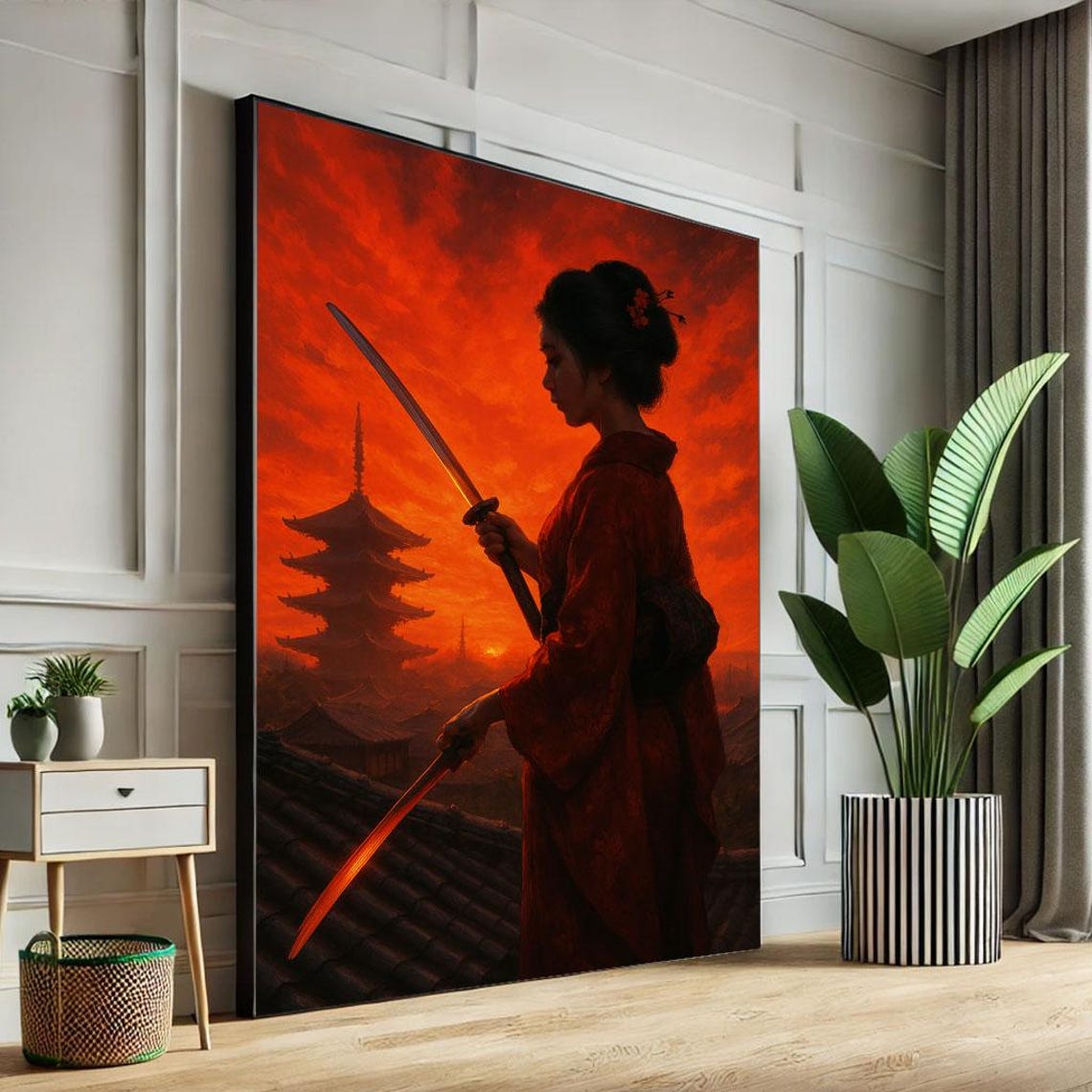 Samurai Woman Two Swords Fiery Red Sunset Pagoda Silhouette Poster