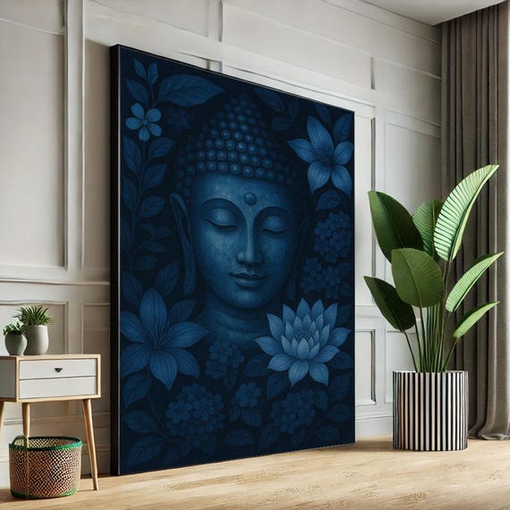 Peaceful Blue Buddha Canvas Wall Art Print Serene Floral Bedroom Decor Ready To Hang
