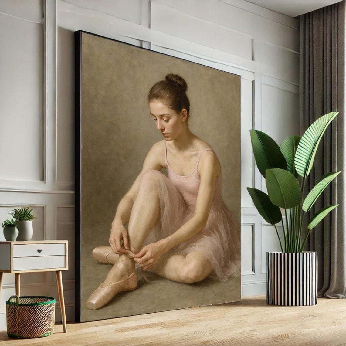 Graceful Seated Ballerina Dancer Tying Pointe Shoe Pink Poster