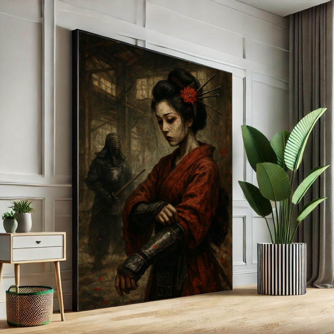 Japanese Warrior Woman Red Kimono Sword Dark Painterly Art Poster
