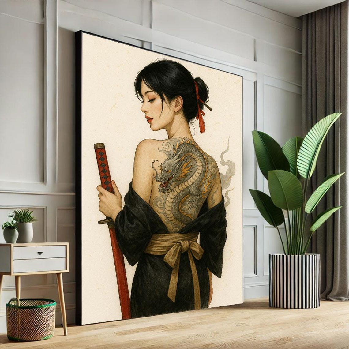 Japanese Woman With Dragon Back Tattoo Holding Katana Sword Poster