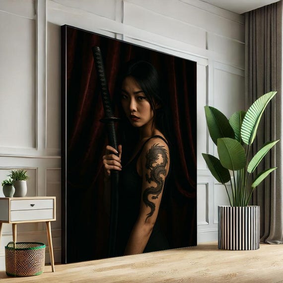 Fierce Samurai Woman Portrait Canvas Wall Art Print Dark Modern Living Room Decor Statement Piece