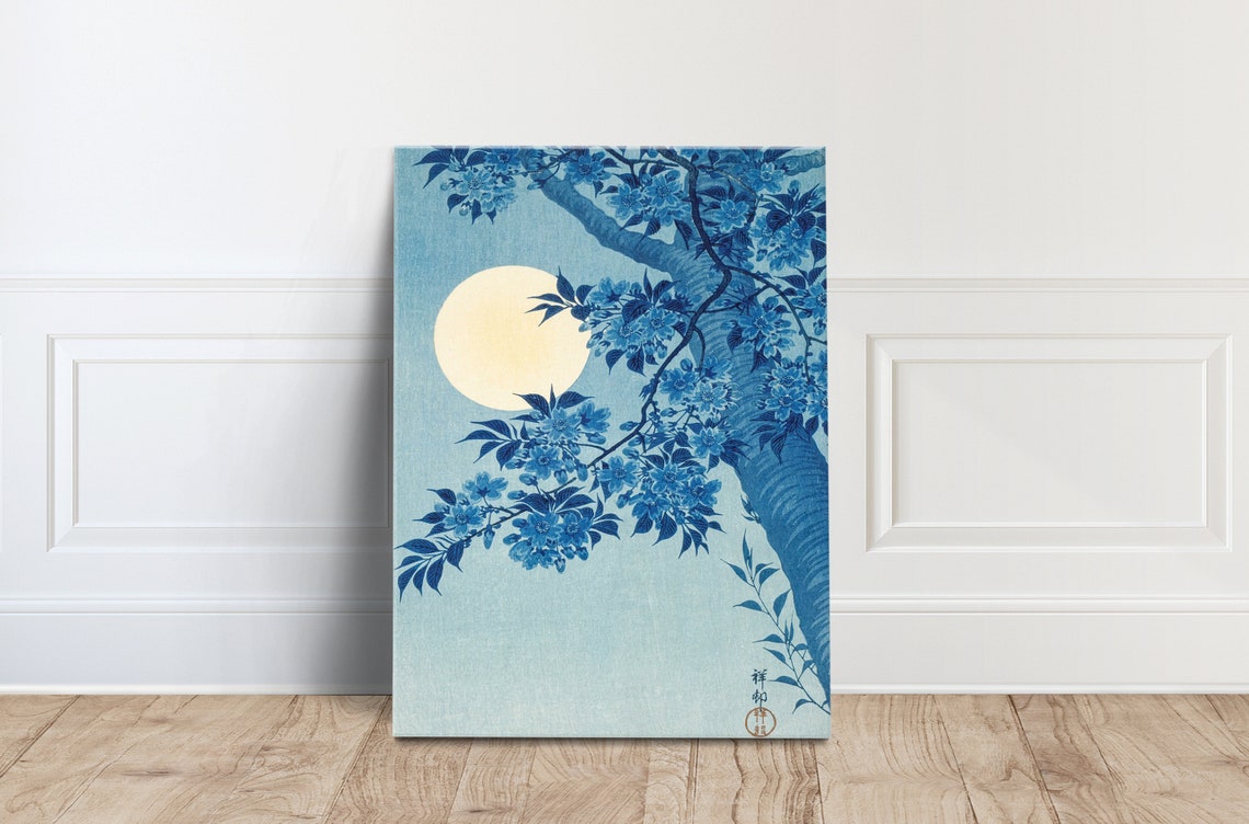 Ohara Koson Blossoming Cherry on a Moonlit Night Blue Art Poster