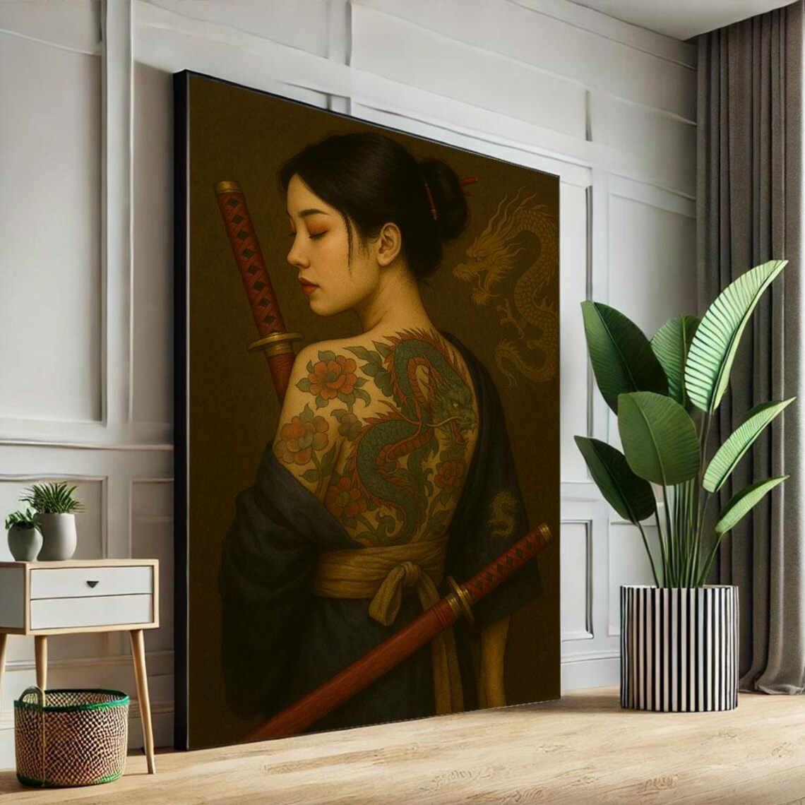 Samurai Woman Back View With Dragon Back Tattoo And Twin Katanas Poster