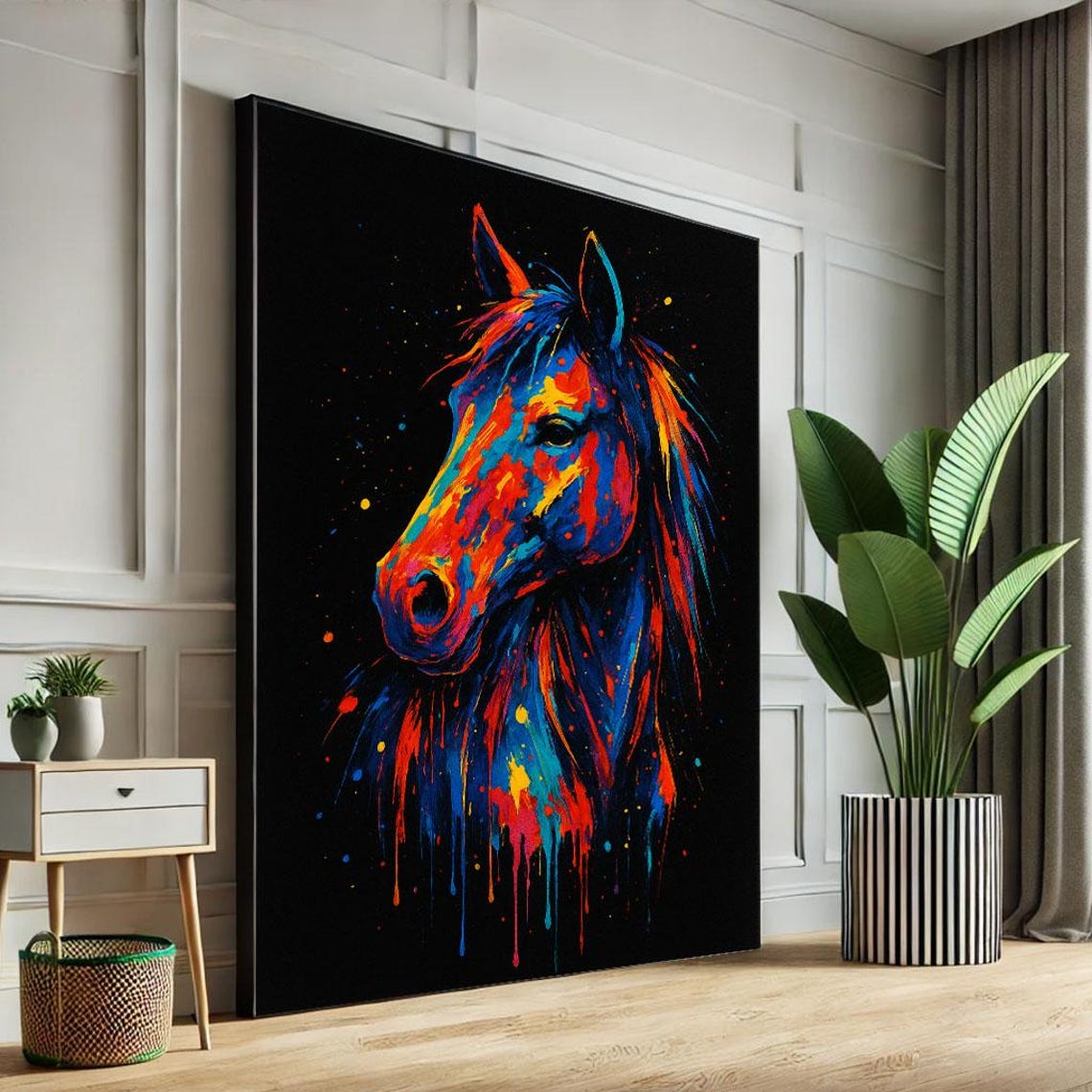 Vibrant Colorful Abstract Horse Head Paint Splatter Art Poster