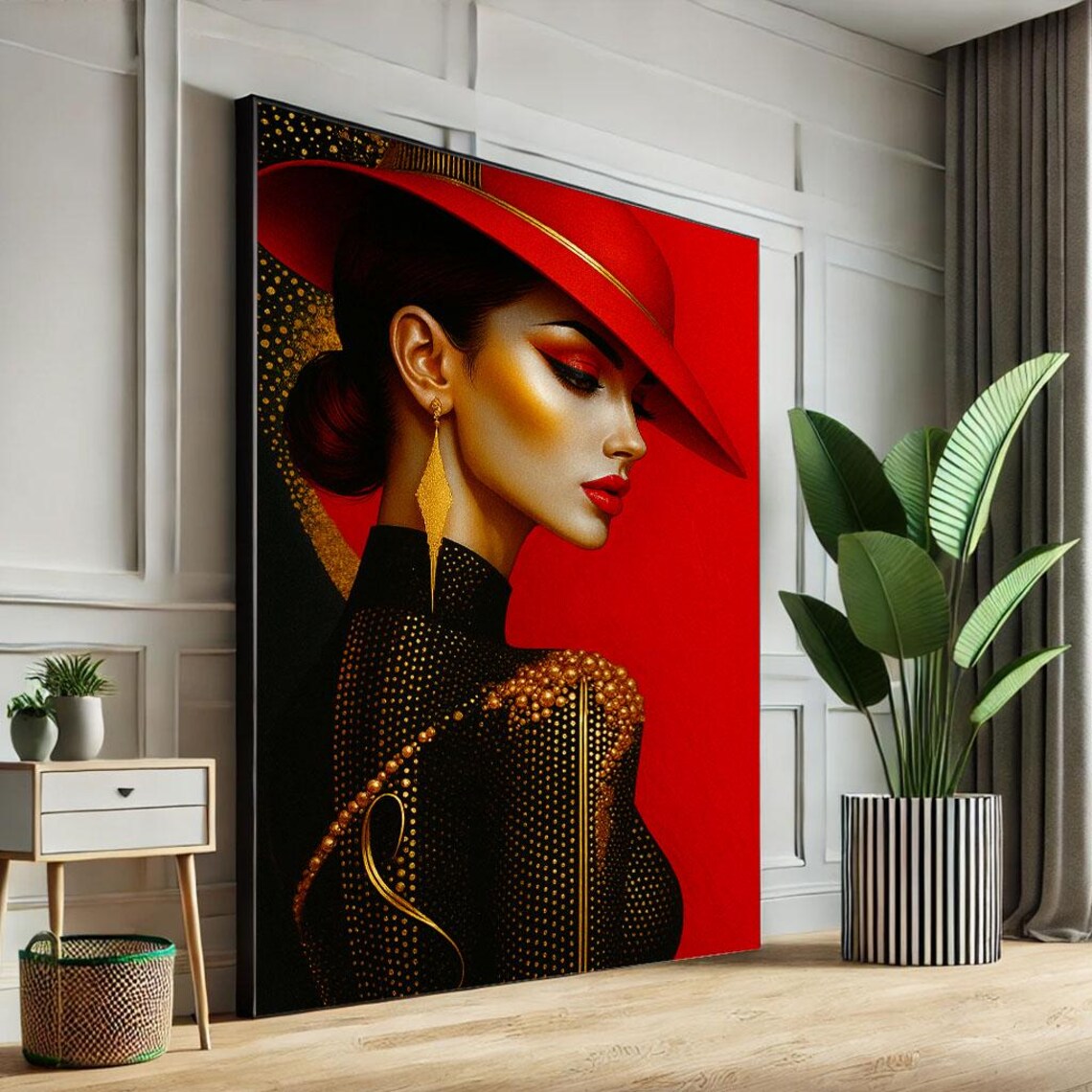 Glamorous Woman Red Hat Gold Accents Art Deco Style Beauty Poster