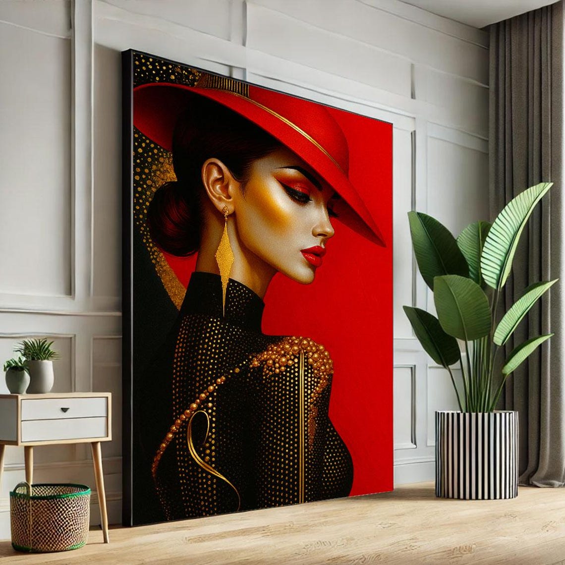 Luxurious Glamorous Woman In Red Hat Canvas Wall Art Print Modern Living Room Decor Statement Piece