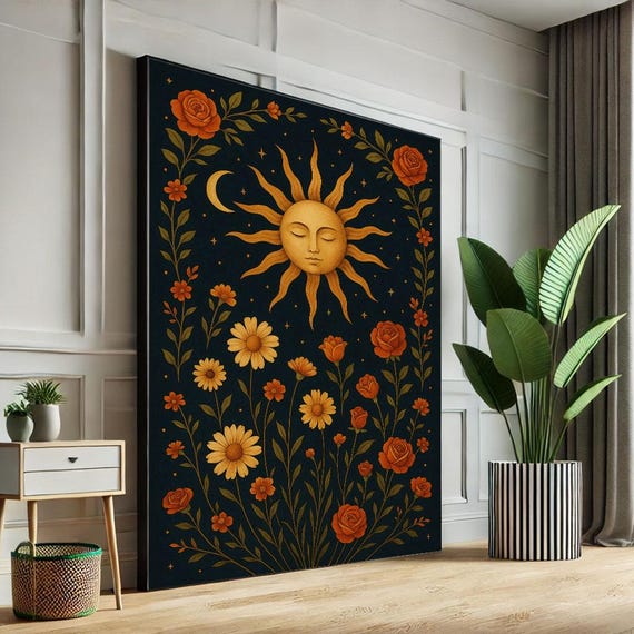 Radiant Sun And Moon Floral Canvas Wall Art Print Boho Bedroom Decor Statement Piece