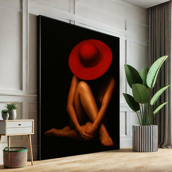 Seated Figure With Red Hat on Black Background Minimalist Mystery Art Poster