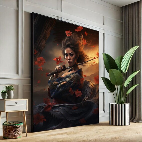 Fiery Samurai Woman Red Maple Leaves Autumn Forest Kimono Poster