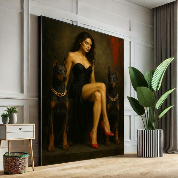Luxurious Woman With Dobermans Canvas Wall Art Print Dark Modern Living Room Decor Statement Piece