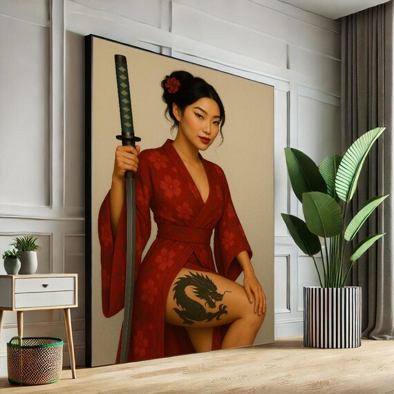 Samurai Woman In Red Kimono Holding Katana With Dragon Thigh Ink Poster