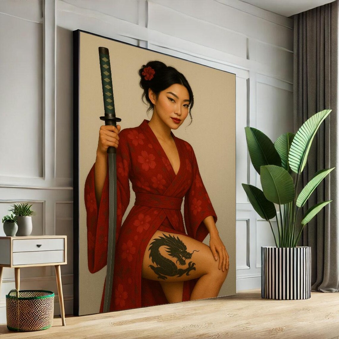 Samurai Woman In Red Kimono Holding Katana With Dragon Thigh Ink Poster