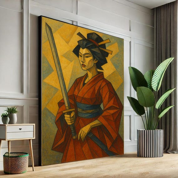 Bold Samurai Woman Canvas Wall Art Print Geometric Japanese Style Living Room Decor Statement Piece