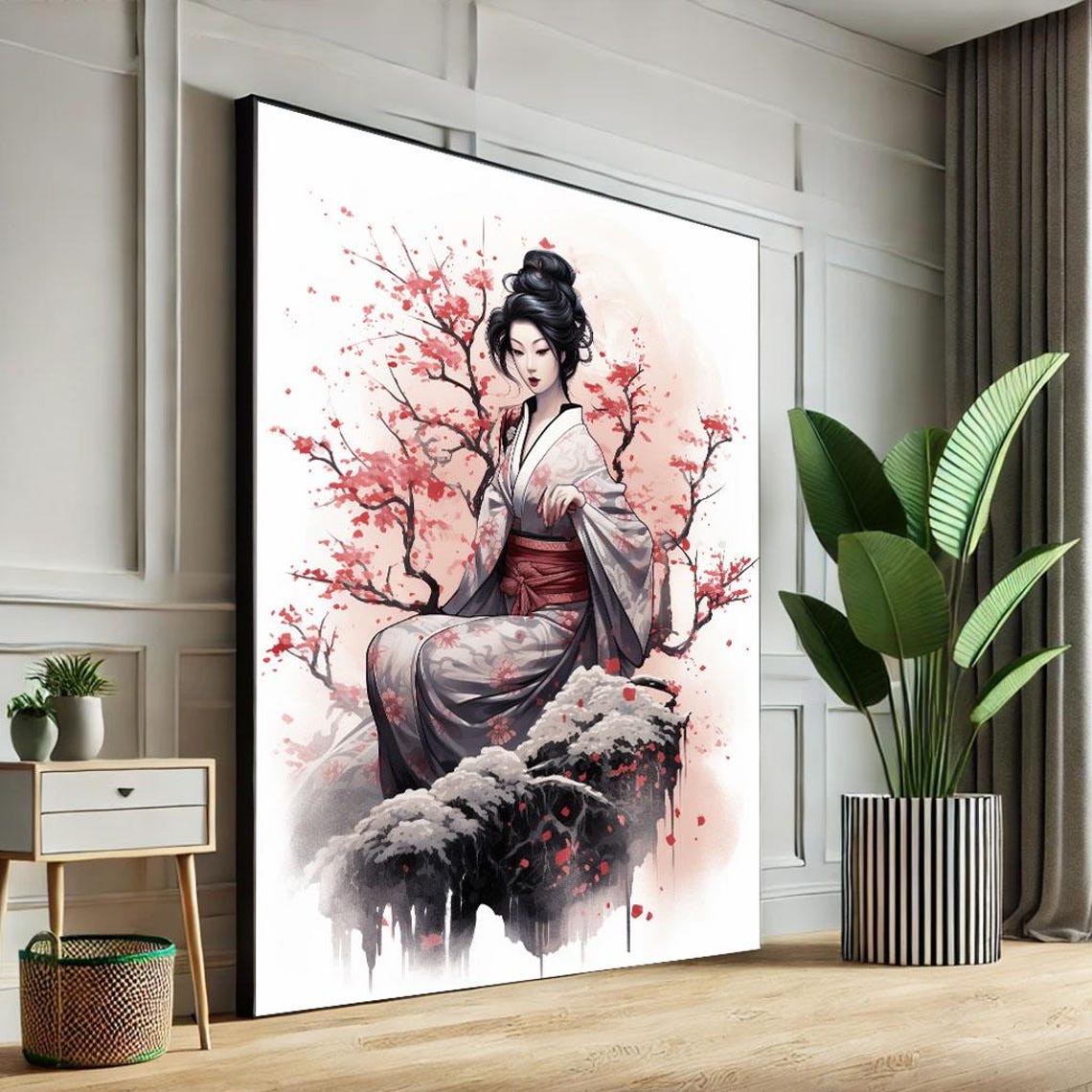 Elegant Japanese Geisha Seated in Red Cherry Blossoms Poster