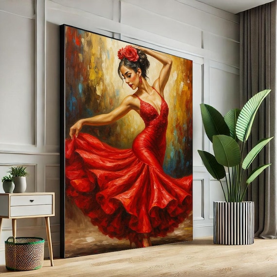 Passionate Flamenco Dancer In Swirling Red Dress Oil Art Poster